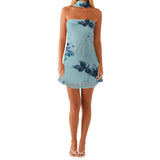 Vevesc  Women Sexy V-Neck Lace Bodycon Dress Sleeveless Backless Floral Print  Fit Party Mini Dress with Belt