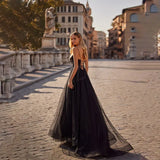 Vevesc 2024 Elegant Black Tulle Evening Dresses With Slit A-Line Spaghetti Zippper Back Sweep Train Prom Dress Party Dresses for Women