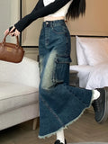 Vevesc Women's A-line Denim Skirt Vintage 90s Aesthetic Y2k Long Cowboy Skirt Harajuku Korean Emo Jean Skirt 2000s Clothes Summer