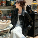 Vevesc American Vintage Leather Jacket Women Zip Up Old Money PU Racing Jackets Oversize Aesthetic Korean Fashion Streetwear