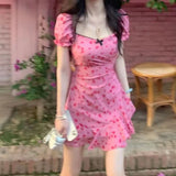 Vevesc Sweet Floral Chiffon Dress Women Print Bow Ruffles A Line Mini Dress Summer Cute Korean Puff Sleeve Slim One Piece Dresses