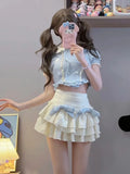 Vevesc Sexy Sweet Cool Moda Fashion Popular Two Piece Sets High Waist Spliced Lace Constrast Color Tops Y2k Bow Design Tiered Skirts