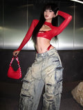 Vevesc See Through Slim Women Hollow Out Harajuku T-shirt Sexy Y2k Aesthetic Mesh Harajuku Red Tshirts Streetwear Red Grunge Crop Tops