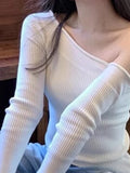 Vevesc Harajuku Skew Collar Slim Fit T-shirts Spring Streetwear White Knitted Grunge Tops Women Sexy Y2k Aesthetic Cropped Tees