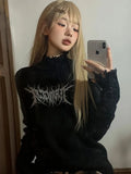 Vevesc Gothic Black Y2k Knitted Pullover Women Punk Harajuku Graphic Sweaters Grunge Solid Long Sleeve Pullovers Streetwear