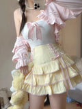Vevesc 2024 Japanese Kawaii Lolita Style Pleated Skirts Women High Waist Pink Bandage Fairy Y2k Aesthetic Skirt Cute Faldas Mujer Moda