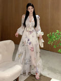 Vevesc  Elegant Floral Printed Long Dresses for Women Lantern Sleeve V-neck High Split Y2K Fairy Party Dress Korean Fashion Vestidos New