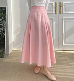 Vevesc  Pleated Skirts Women Solid Spring Summer Simple Sweet A-line Faldas Mujer Korean Fashion Chic Elegant Long Skirt