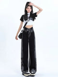 Vevesc Black Women's Jeans Hip-hop Fashion Vintage Streetwear Y2K Wide Leg Straight Jeans High Waist Trouser Baggy Cargo Denim Pants