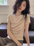 Vevesc Fairy Grunge Pleated Solid Vintage T-shirt Summer Y2k Aesthetic Short Sleeve Crop Tops Harajuku Slim Tshirt New Streetwear