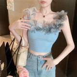 Vevesc Summer Fashion All Macth Tank Tops Fairy Flower Appliques Sexy Slim Fit Girl Camis Y2k Aesthetic Punk Streetwear Clothing