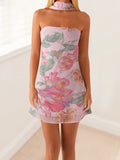 Vevesc  Women Sexy V-Neck Lace Bodycon Dress Sleeveless Backless Floral Print  Fit Party Mini Dress with Belt