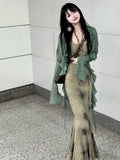 Vevesc New Chinese Style Halo Dyeing Slim Fit Camisole Dresses+ Y2k Ruffles Long Sleeve Green Cardigan Spring  Two Piece Sets