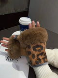 Vevesc Women's leopard print plush rabbit fur half finger gloves, winter touch screen gloves suitable for outdoor riding and hunting