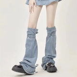 Vevesc Knee-Length Fashion Women's Buckled Denim Leggings Jean Foot Socks Lady 2000s Japanese Y2K Denim Leg WarmersLong Sock Streetwear