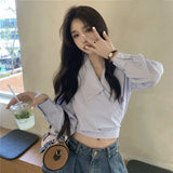 Vevesc Streetwear Striped Shirts Women Vintage Bandage Long Sleeve Crop Tops Spring Korean Fashion Elegant Casual Chic Blouses