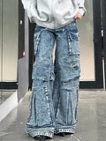 Vevesc American Vintage Multi-Pocket Wide Leg Jeans Women Stylish High Street Straight Leg Loose Jeans Harajuku Style Hip Hop Y2k Pants