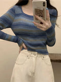 Vevesc Vintage Striped Knitted Tops Women Slim Fit Square Collar Bottoming Harajuku Contrast Long Sleeve T-shirts Female