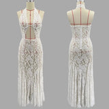 Vevesc Sexy Lace See Through Hollow Out Maxi Dress Womens Elegant Summer White Holiday Beachwear Backless Slim Halter Neck Dress