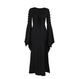 Vevesc Gothic Black Witch Dress Women Cosplay Vintage Streetwear Hollow Out Flare Sleeve High Waist V-neck Midi Dress Clubwear