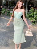 Vevesc  New Green Mesh Patchwork Diamonds Sling Long Dress Summer Elegant Casual Home Dress Women Korean Fashion Bodycon Prom Dress