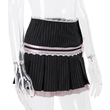 Vevesc American Sweet Constrast Color Pleated Skirts Y2k Aesthetic Harajuku Punk Side Buttons Short Skirt Vintage Striped Girl Bottom