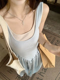 Vevesc  New Women Blue Patchwork Sleeveless High Waist Pleated Vest Dress Summer Fashion Sexy Backless Elegant Holiday Long Dress Casual