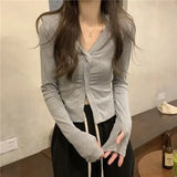 Vevesc Long Sleeve Gray Camisetas Slim Waist Women Bottoming V Neck Irregular Cross Tees Y2k Korean Casual Streetwear Tshirts