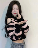 Vevesc Chains Off Shoulder Pullovers Hollow Out Sweaters Pink Black Striped Knitted Crop Tops Y2k Long Sleeve High Waist Women Korean