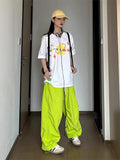 Vevesc Y2K Green Parachute Pants Women Oversized Korean Style Wide Leg Track Trousers Streetwear Harajuku Hip Hop Sweatpants