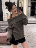 Vevesc Women's Grey Pullover Knitted Sweater Harajuku Aesthetic Y2k Long Sleeves Slash Neck Sweaters Vintage 2000s Clothes Autumn