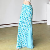 Vevesc  Side Mesh Patchwork Floral Print Mermaid Skirt Holiday Cute Ruched Long Skirts Korean Style Outfits Sweet Bottoms Y2K