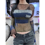 Vevesc Summer High Street O Neck Slim Constrast Color Knitted Pullovers Korean Temperament Hollow Out Women Clothes Y2k Aesthetic Tees