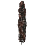 Vevesc Tassel Vintage Gothic Hooded Midi Dresses Fairy Grunge Y2k Sexy High Split Dress Female Sleeveless Tie Dye Streetwear