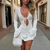 Vevesc  White Knit Vacation Dress Sexy Hollow Out See Through Knit Summer Beach Mini Dress 2025 Women's Party Lace-up Dresses