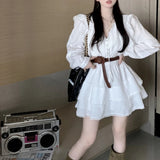 Vevesc Streetwear Loose Casual Hollow Long-sleeved Dress Women 2024 Spring New Korean V-neck Lace-up White Mini Dress with Belt