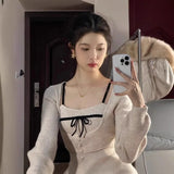 Vevesc Korean Luxury Temperament Two Piece Sets Design Women Clothes Spliced Bow Appliques Tank Tops Y2k Aesthetic Long U Neck Tops