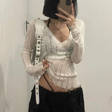 Vevesc Coquett Y2K Women's Knit Sweater Hollow Out Knitwear V Neck Pullovers Spring See Through Jumper Harajuku Fashion Grunge