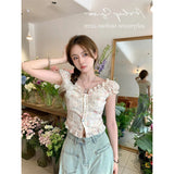 Vevesc Cropped Slash Neck Shirts Women Vintage Elegant Floral Embroidery Blouses Streetwear Korean Sexy Off Shoulder Crop Tops