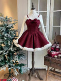 Vevesc Japanese Sweet Lolita Dress Set Women Kawaii Bow Plush Shawl Short Jackets Party Mini Dress Suit Christmas New Year 3 Piece Set