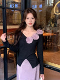 Vevesc Elegant Vintage Rose Long Sleeved Knitted Sweater+ Y2k High Waist Fashion Skirt for Women Autum New Two Piece Sets