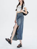 Vevesc Women Blue Gothic A-line Long Denim Skirt Vintage Y2k Skirt Harajuku Korean Fashion A-line Jean Skirts Emo 2000s Trashy Clothes