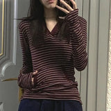 Vevesc V-neck Hooded Long Sleeved T-shirt for Women Y2k Vintage Deep Red Striped Tops Mujer Autumn New Slim Fit Tee Shirt
