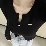 Vevesc Korean Hiphop O-neck Knitted Cardigan Y2k Grunge Long Sleeve Tops Women 2024 Spring New Slim Fit Bottoming Black Sweaters