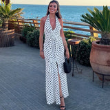 Vevesc  Polka Dot Floral Long Dress Women Fashion Sleeveless Neck Slit Spring Party Evening Dress Female High Waist Dress 2025