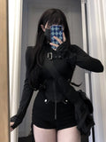 Vevesc 2024 Summer New Slim Fit Zipper Long Sleeve Black Tops Women+ Drawstring Ruched High Waist Shorts Y2k E-Girl Two Piece Sets