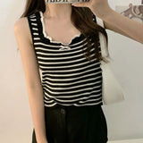 Vevesc Knitted Striped Tanks Women Bows Y2k Crop Tops Sweet Harajuku Females Students New Arrival Fashion Korean Casual Summer Mujer