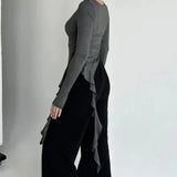 Vevesc Euramerican High Street O Neck Long Sleeve Shirts Fashion Lrregular Ruffle Moda Punk Tops Y2k Aesthetic Harajuku Girl Clothes