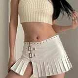 Vevesc Punk Leather Skirt Women Y2k Streetwear Low Waist A-line Split Rivet Zipper Sexy Pleated Mini Skirt Summer Night Club