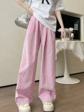 Vevesc  Loose Wide Leg Pants Women Summer New Korean Fashion Lazy Style Casual Plaid Pants Elastic High Waist Straight Women's Pants